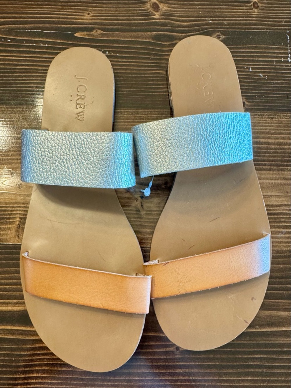 NWOT J. Crew Two-Band Slide Sandals in Metallic Silver and Tan Size 8